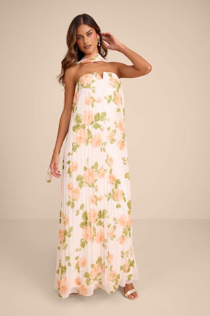 NWT Lulus Lael White Peach Floral Pleated Strapless Maxi Dress Scarf Set Large